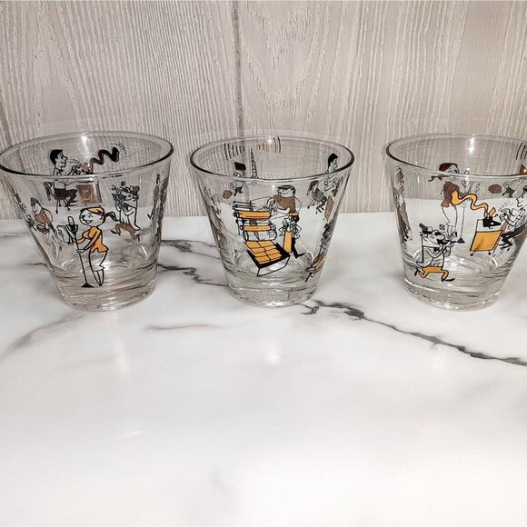 Mid Century modern Double drinking Glasses Set of 5 Pressroom Characters - Picture 2 of 13
